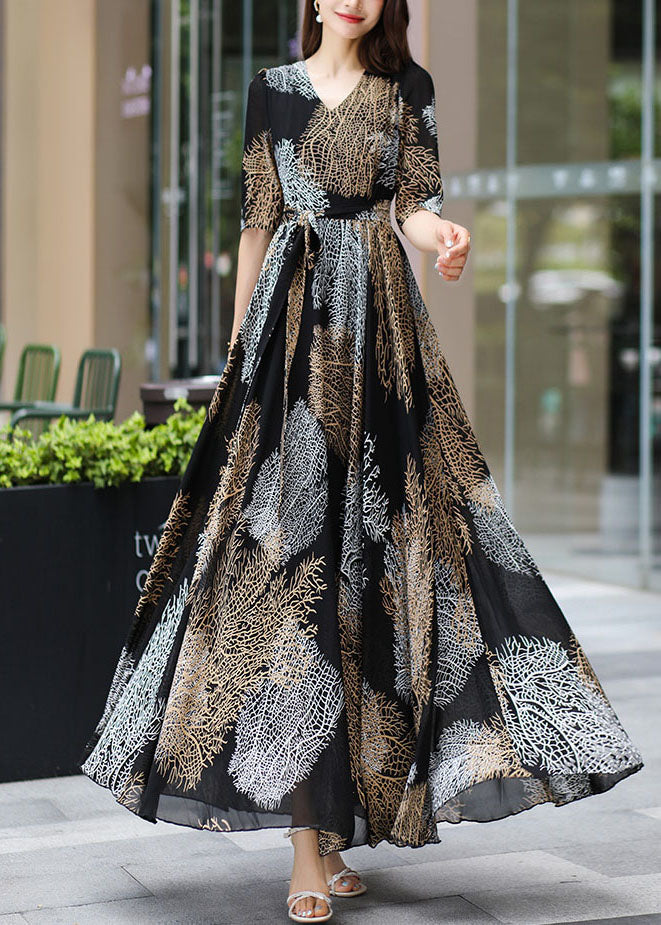 Chiffon V-Neck Short Sleeve Tie Belt Abstract Print A-Line Maxi Dress - View 2