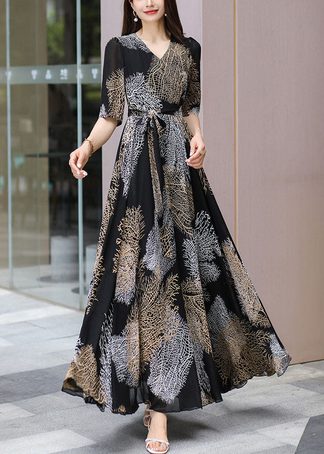 Chiffon V-Neck Short Sleeve Tie Belt Abstract Print A-Line Maxi Dress - View 4
