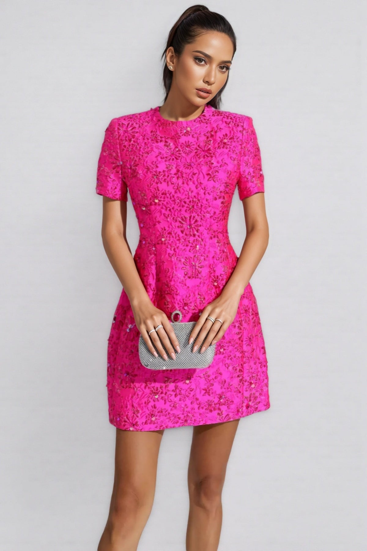 Sequin Floral Short Sleeve A-Line Mini Dress - View 4