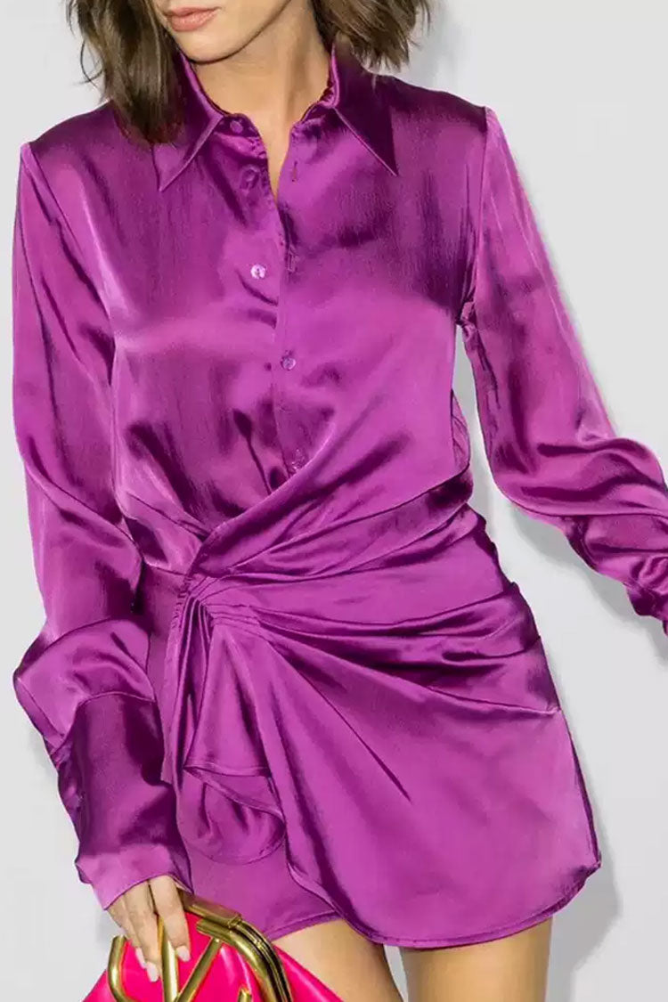 Asymmetric Long Sleeve Ruffle Ruched Satin Shirt Mini Dress - Fuchsia - View 2