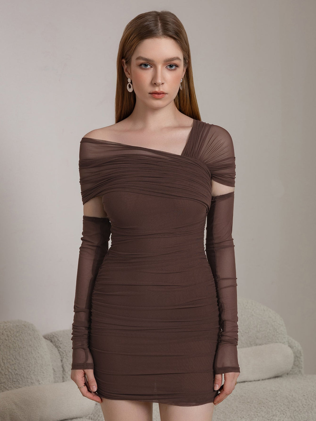 Mesh Off Shoulder Long Sleeve Ruched Cut Out Bodycon Mini Dress - View 9