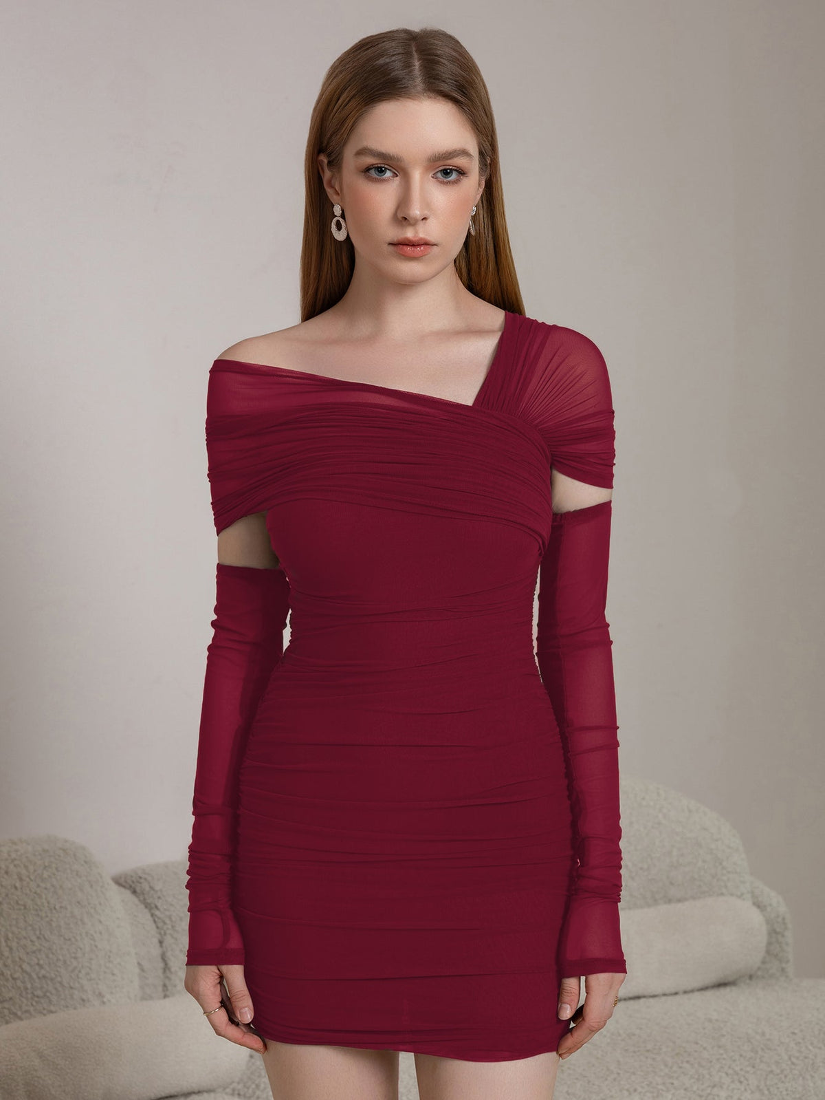 Mesh Off Shoulder Long Sleeve Ruched Cut Out Bodycon Mini Dress - View 4