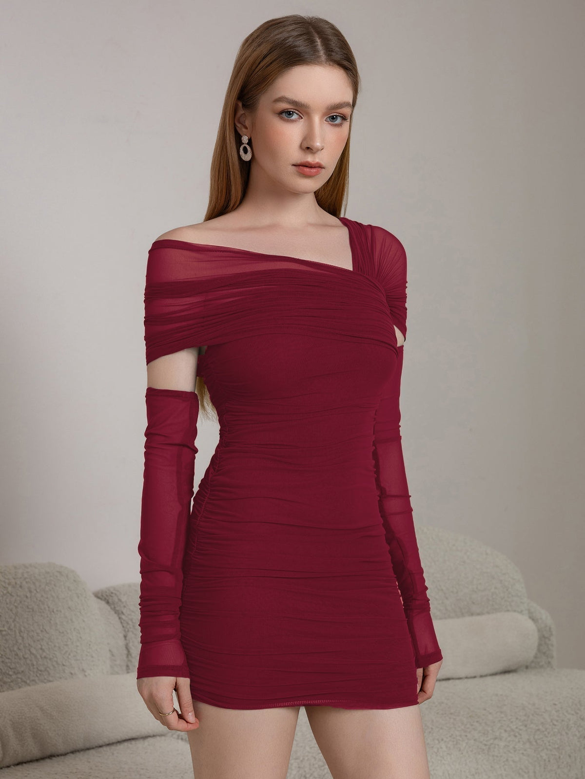 Mesh Off Shoulder Long Sleeve Ruched Cut Out Bodycon Mini Dress - View 12
