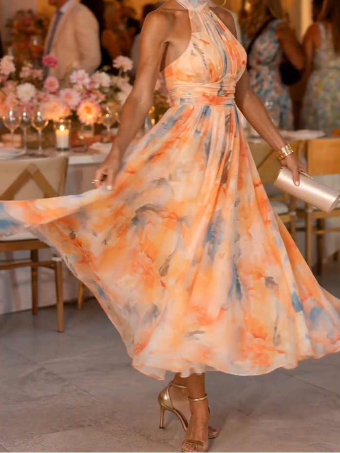 Floral Print Halter Neck Fit and Flare Maxi Dress 3