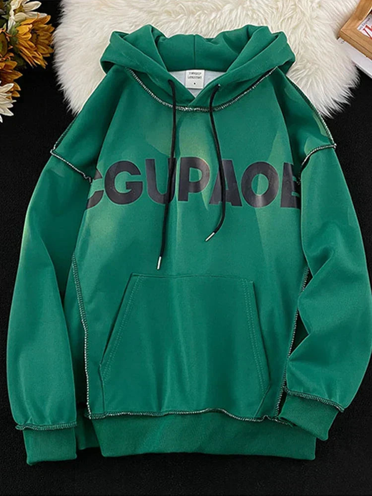 Autumn Letter Print Loose Fleece Hoodie Green / M(40-50KG)