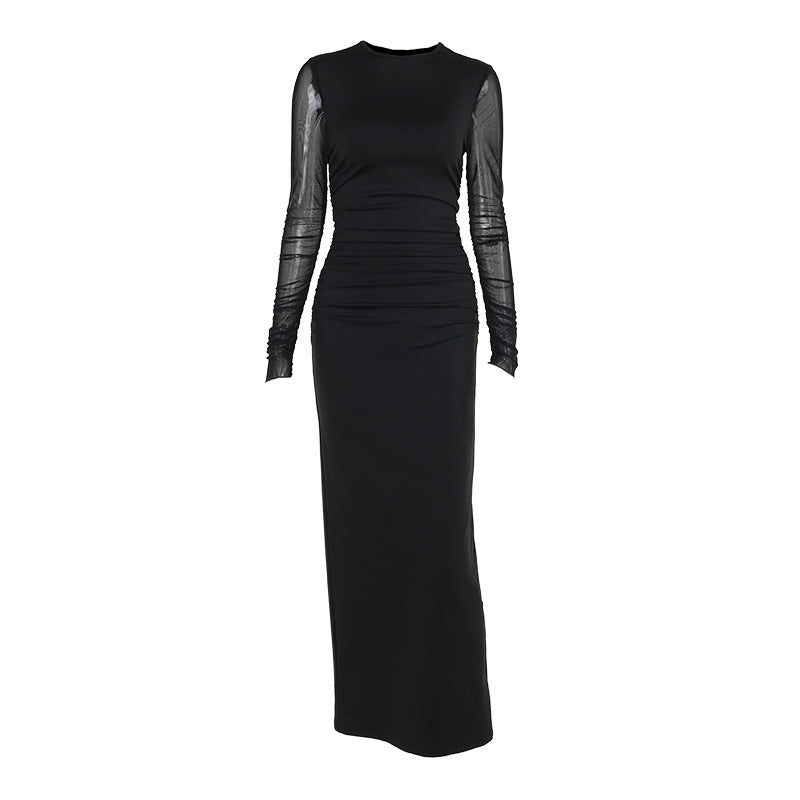 Mock Neck Ruched Mesh Long Sleeve Bodycon Maxi Dress - View 5