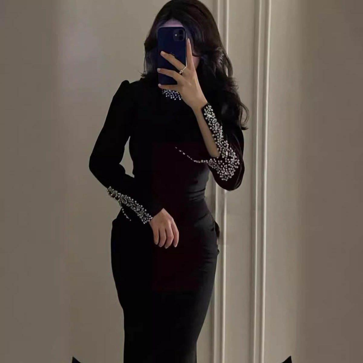 Selection Black Long Sleeve Rhinestone Split Bandage One Piece Dress