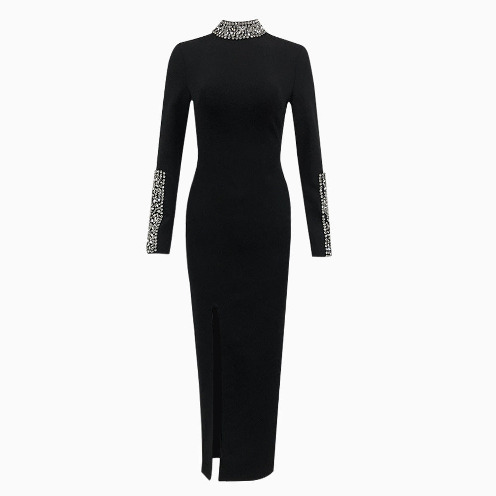 Selection Black Long Sleeve Rhinestone Split Bandage One Piece Dress - View 2
