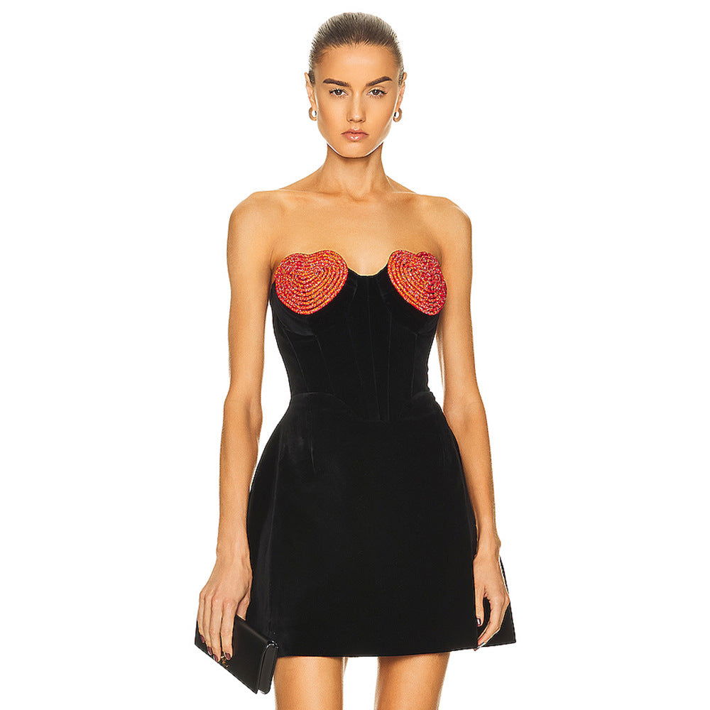 Velvet Strapless Corset Heart Applique A-Line Mini Dress - View 3