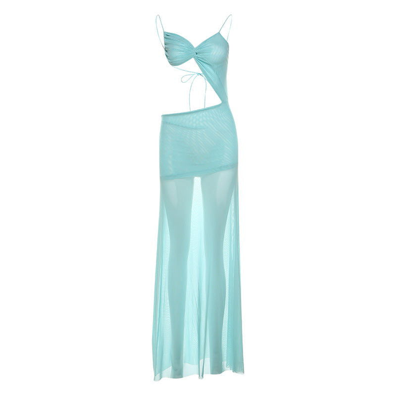 Tube Top Backless Lace up See through Solid Color Mesh Split Dress - View 5