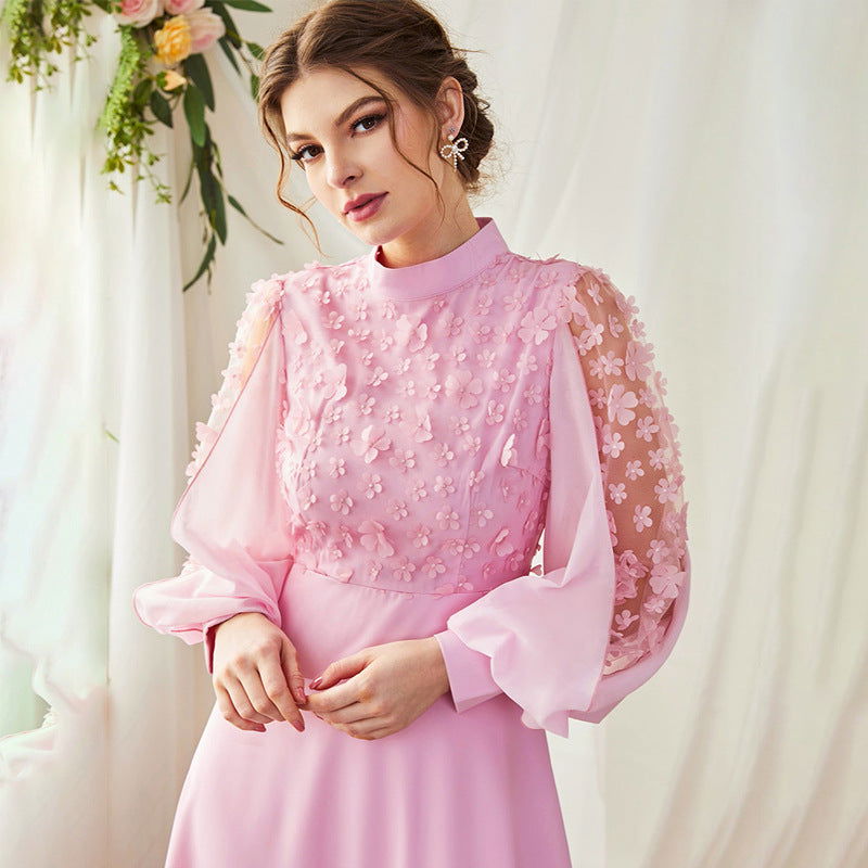 Floral Applique Mock Neck Bishop Sleeve Button Cuff A-Line Maxi Dress - View 4
