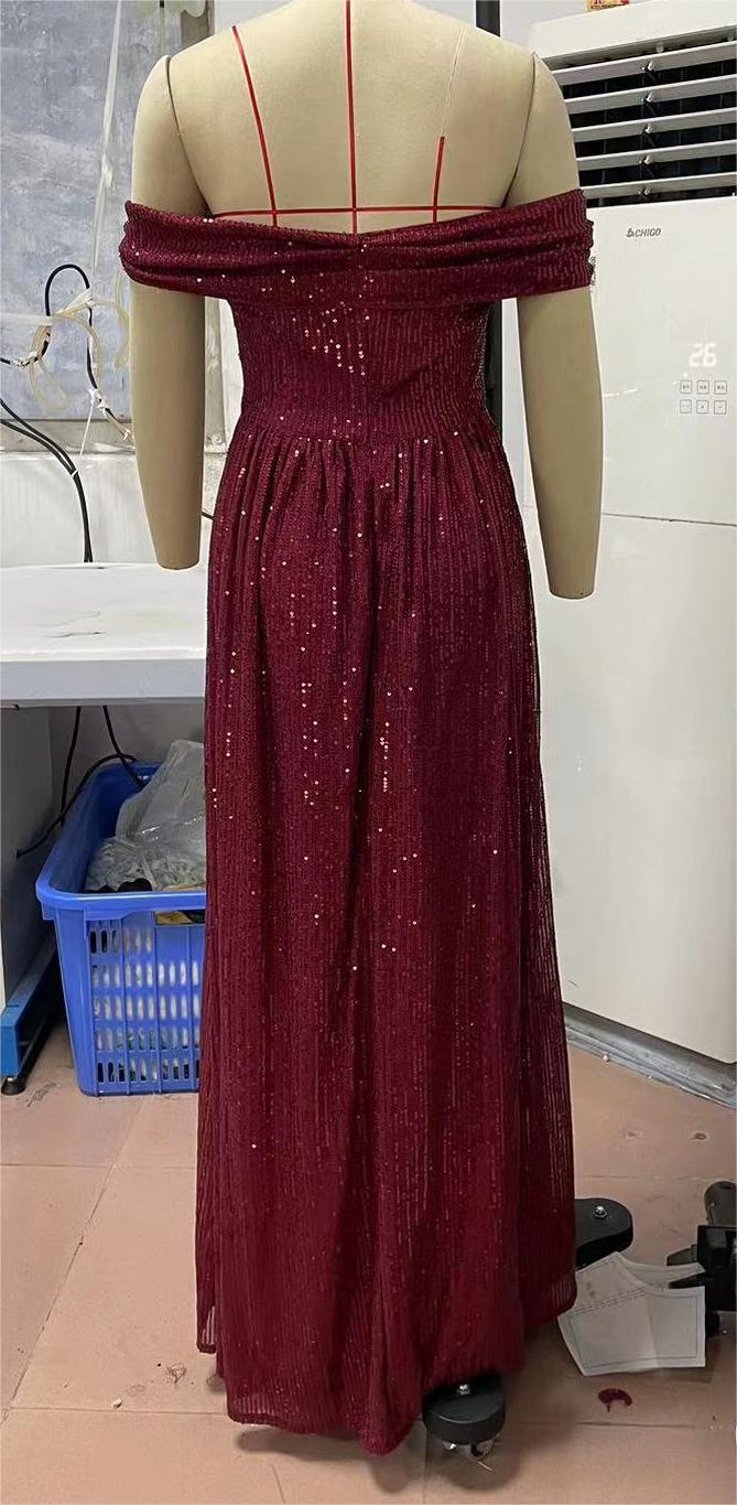 Sequin Off Shoulder Sweetheart Ruched Bodice High Split Maxi Gown - View 5