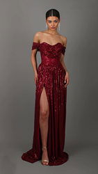 Sequin Off Shoulder Sweetheart Ruched Bodice High Split Maxi Gown - View 6
