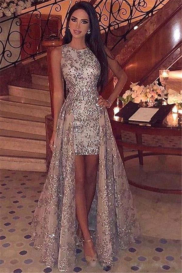 Sequin Lace Sleeveless Round Neck Open Front Overskirt Mini Gown - View 6