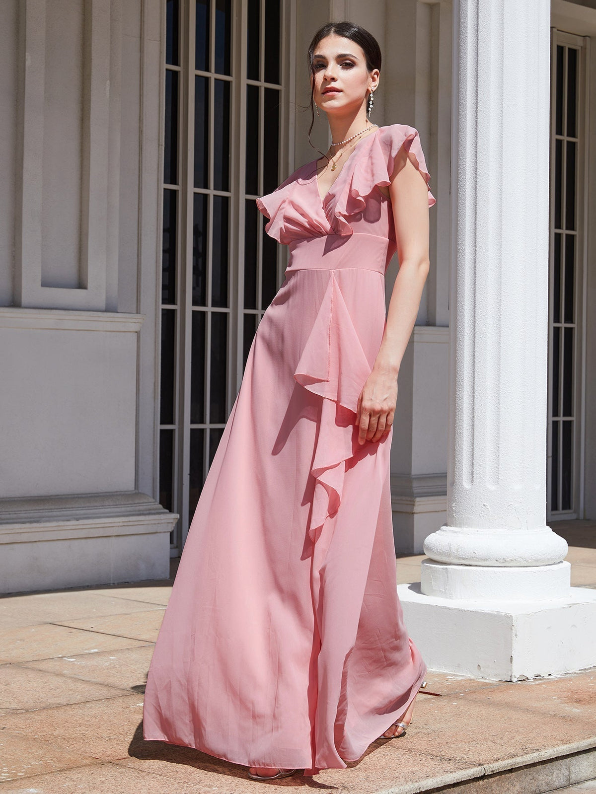 Chiffon V-Neck Ruffle Sleeve Cascade A-Line Maxi Bridesmaid Dress