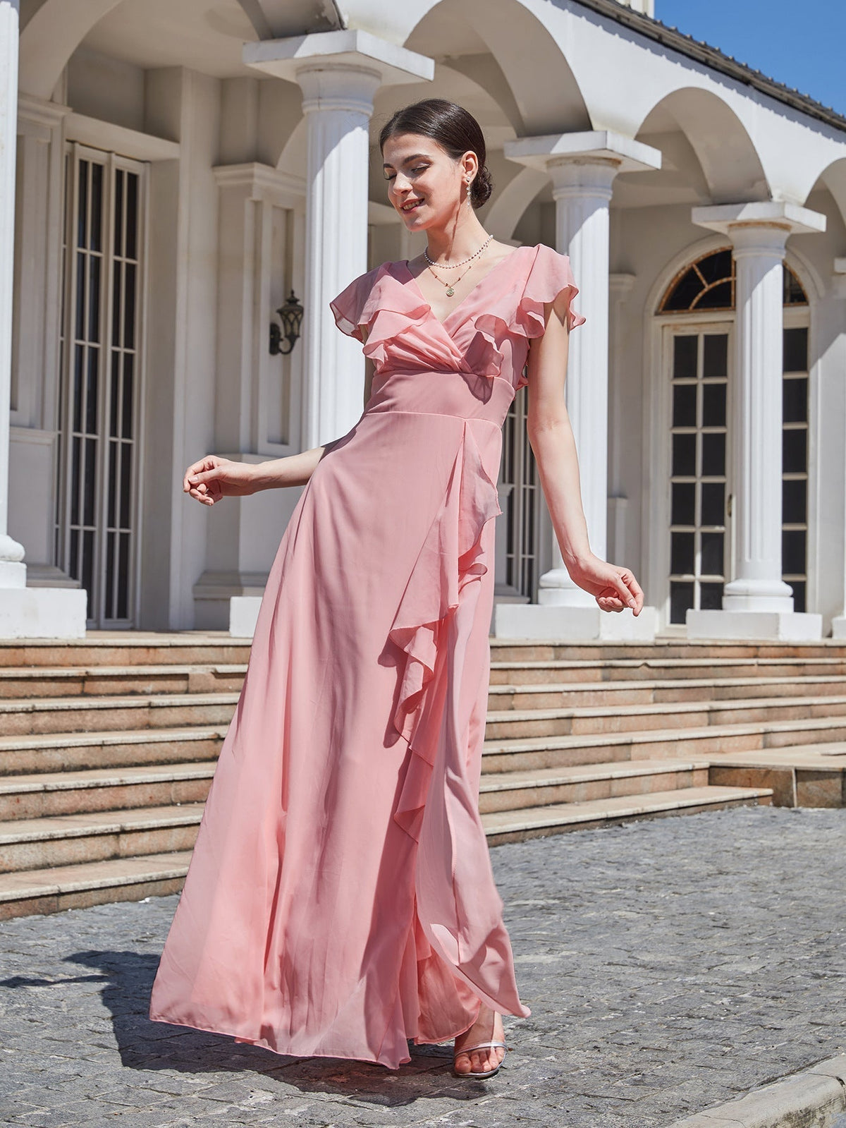 Chiffon V-Neck Ruffle Sleeve Cascade A-Line Maxi Bridesmaid Dress - View 2