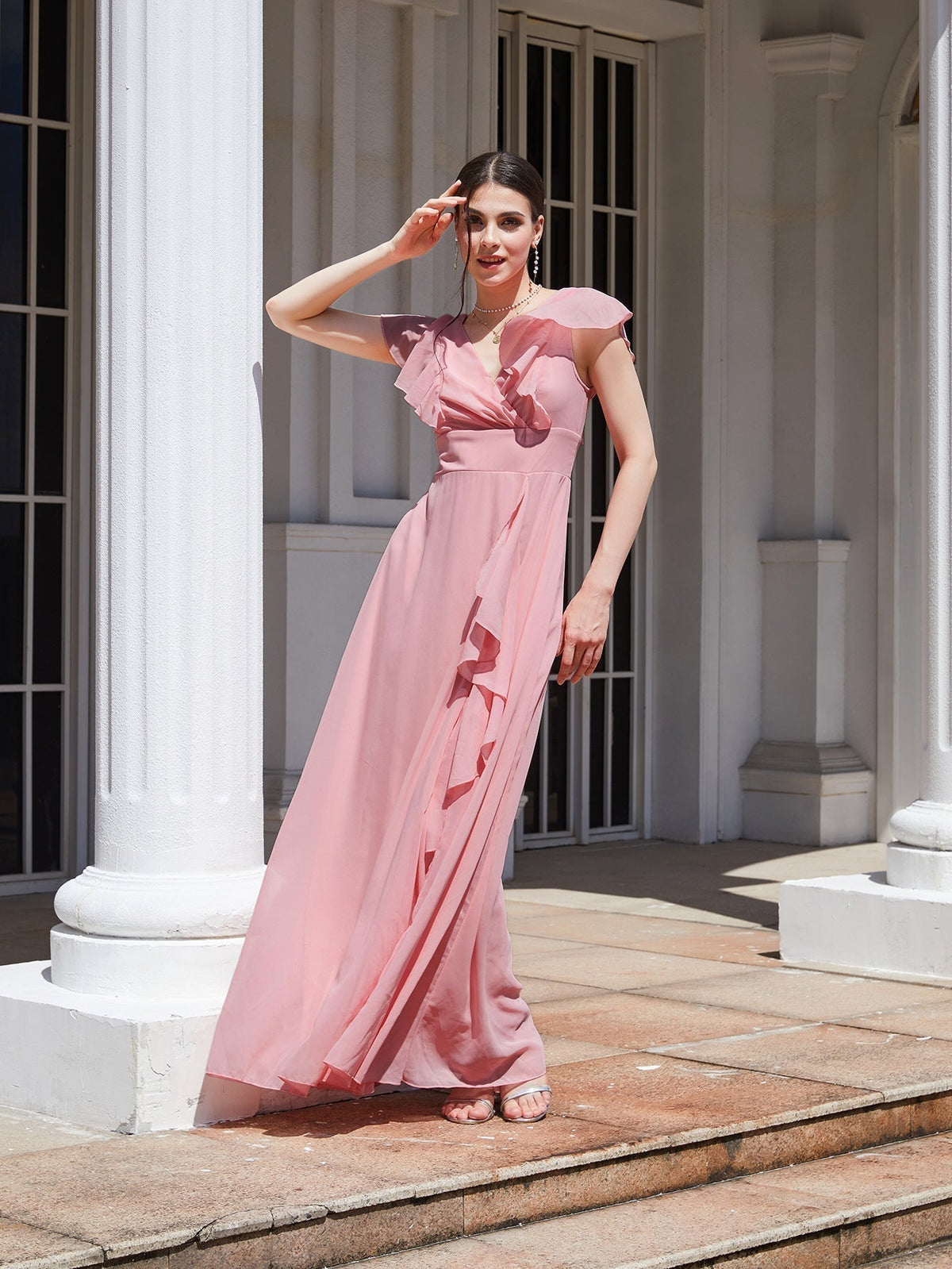 Chiffon V-Neck Ruffle Sleeve Cascade A-Line Maxi Bridesmaid Dress - View 4