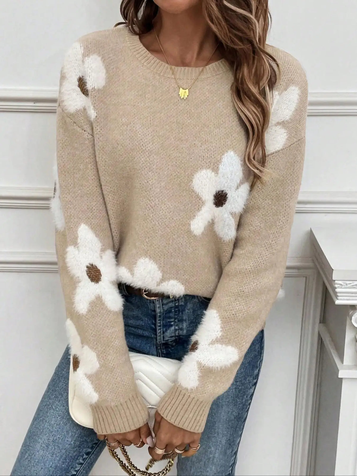 Crew Neck Daisy Floral Knit Sweater 5