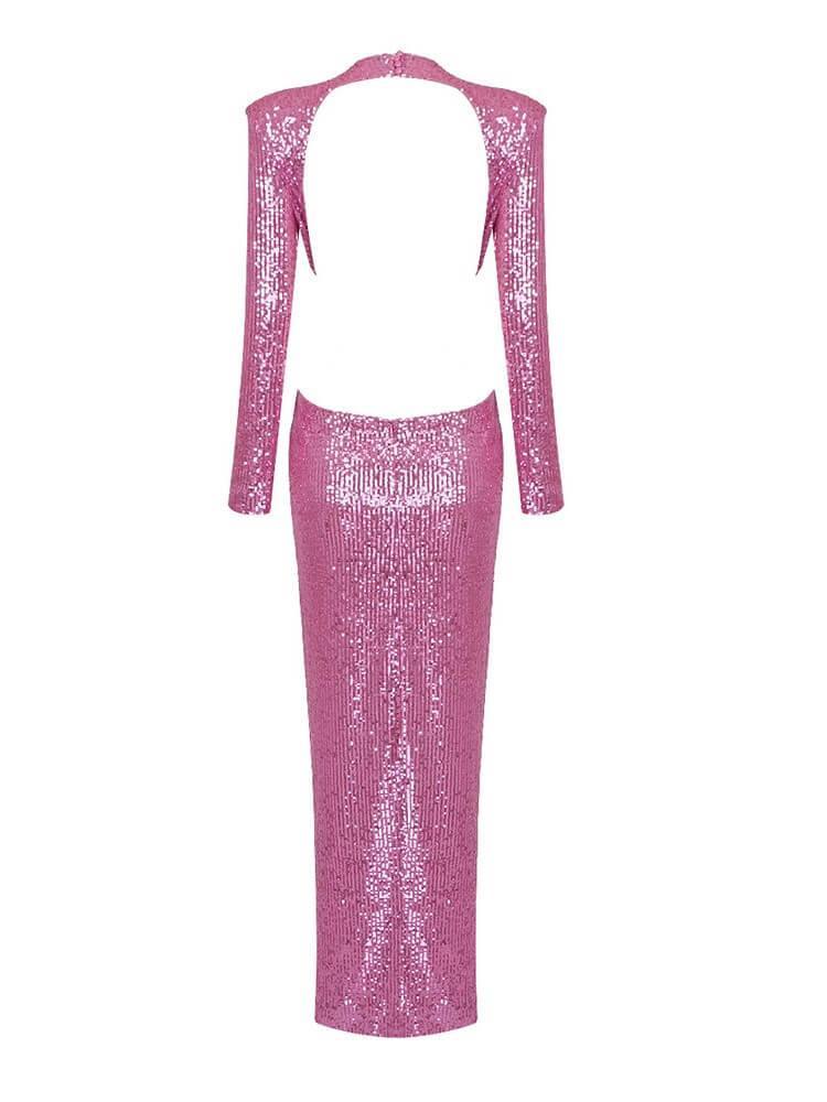 Sequin Long Sleeve Rosette Cut Out Bodycon Maxi Gown - View 8