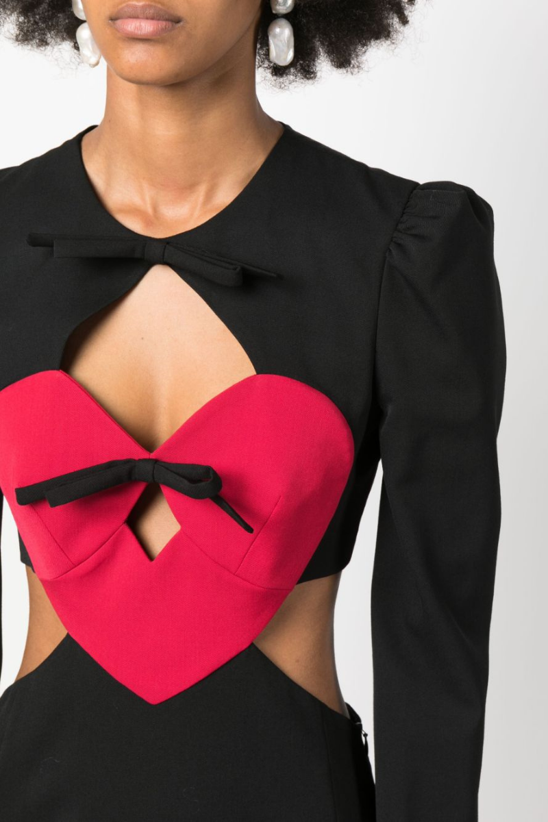 Bow Neck Heart Patch Waist Cut Out Long Sleeve Puff Mini Dress - View 2