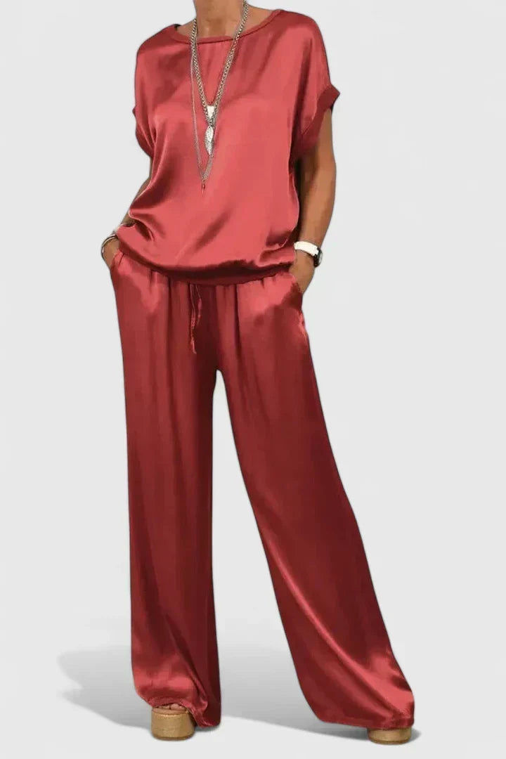 Satin Short Sleeve Top and Wide Leg Pants Two Piece Set 4