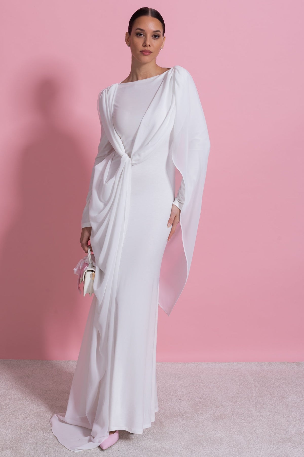Draped Long Sleeve Maxi Dress - White - View 3