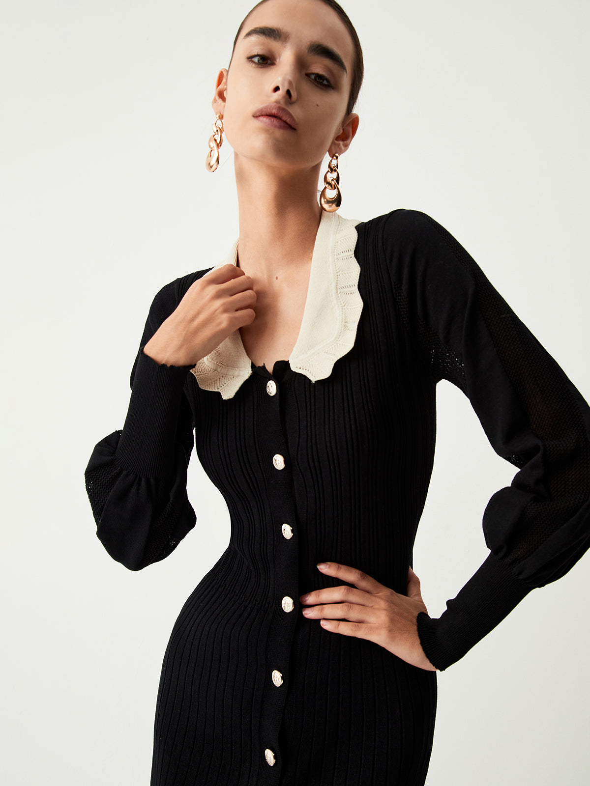Contrast Eyelet Collar Long Modern Sleeve Midi Sweater