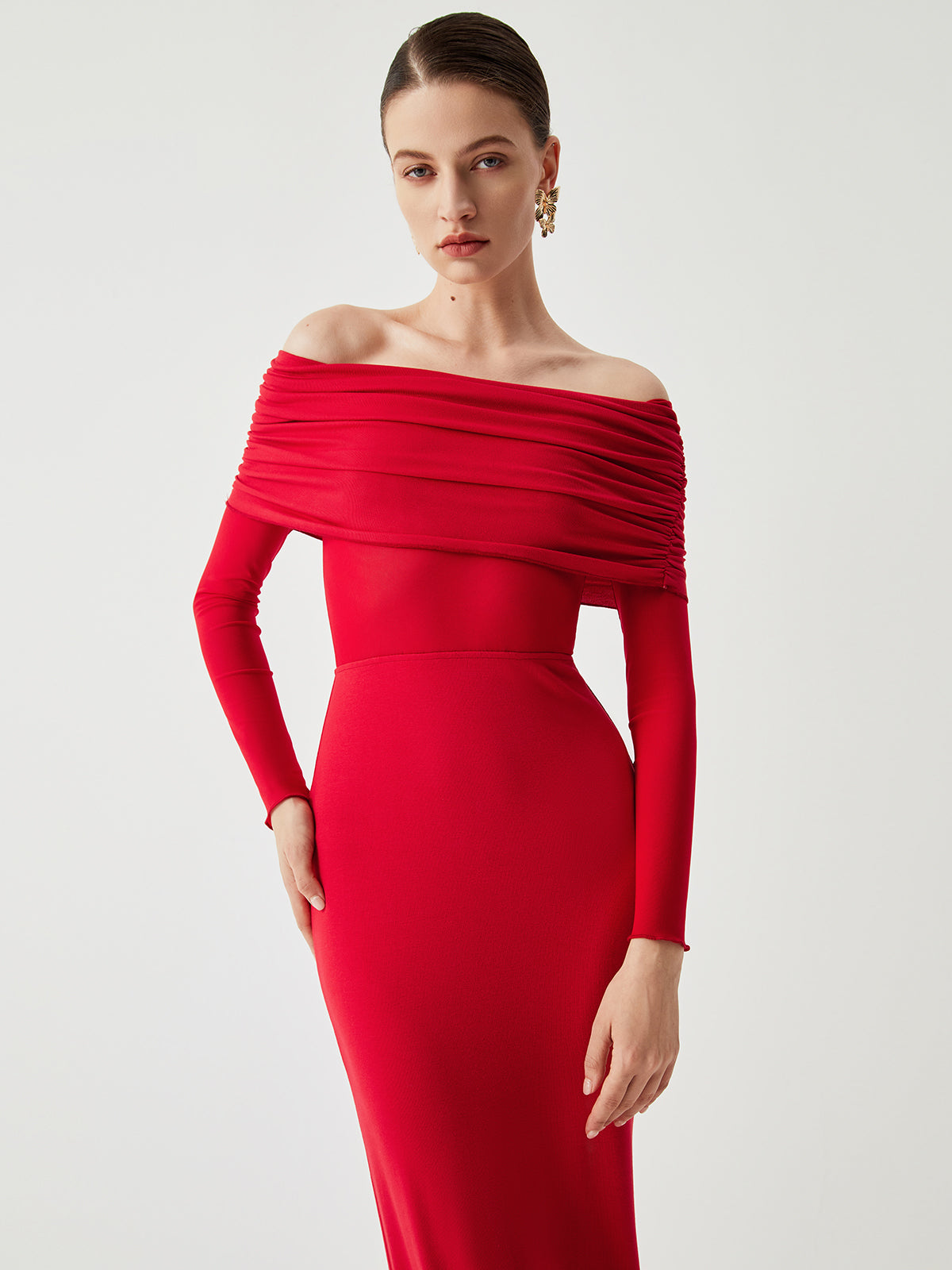 Overfold Off-Shoulder Mesh Long Sleeve Long Dress - View 5