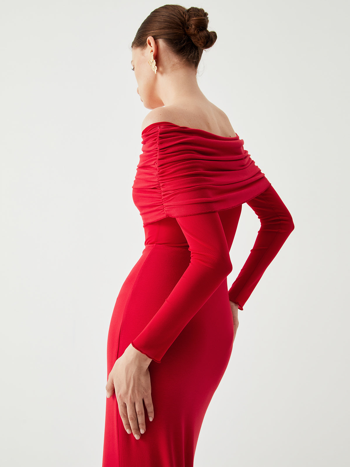 Overfold Off Shoulder Mesh Long Sleeve Long Dress - View 8