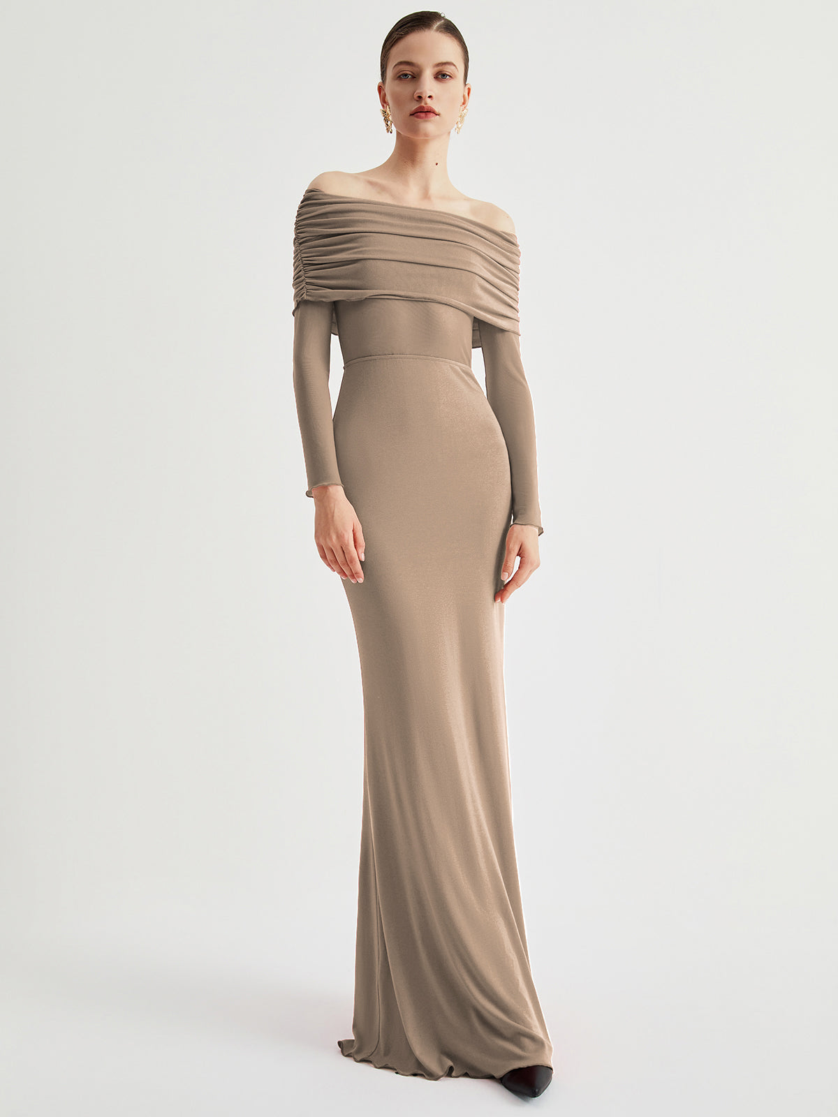 Overfold Off Shoulder Mesh Long Sleeve Long Dress - View 15