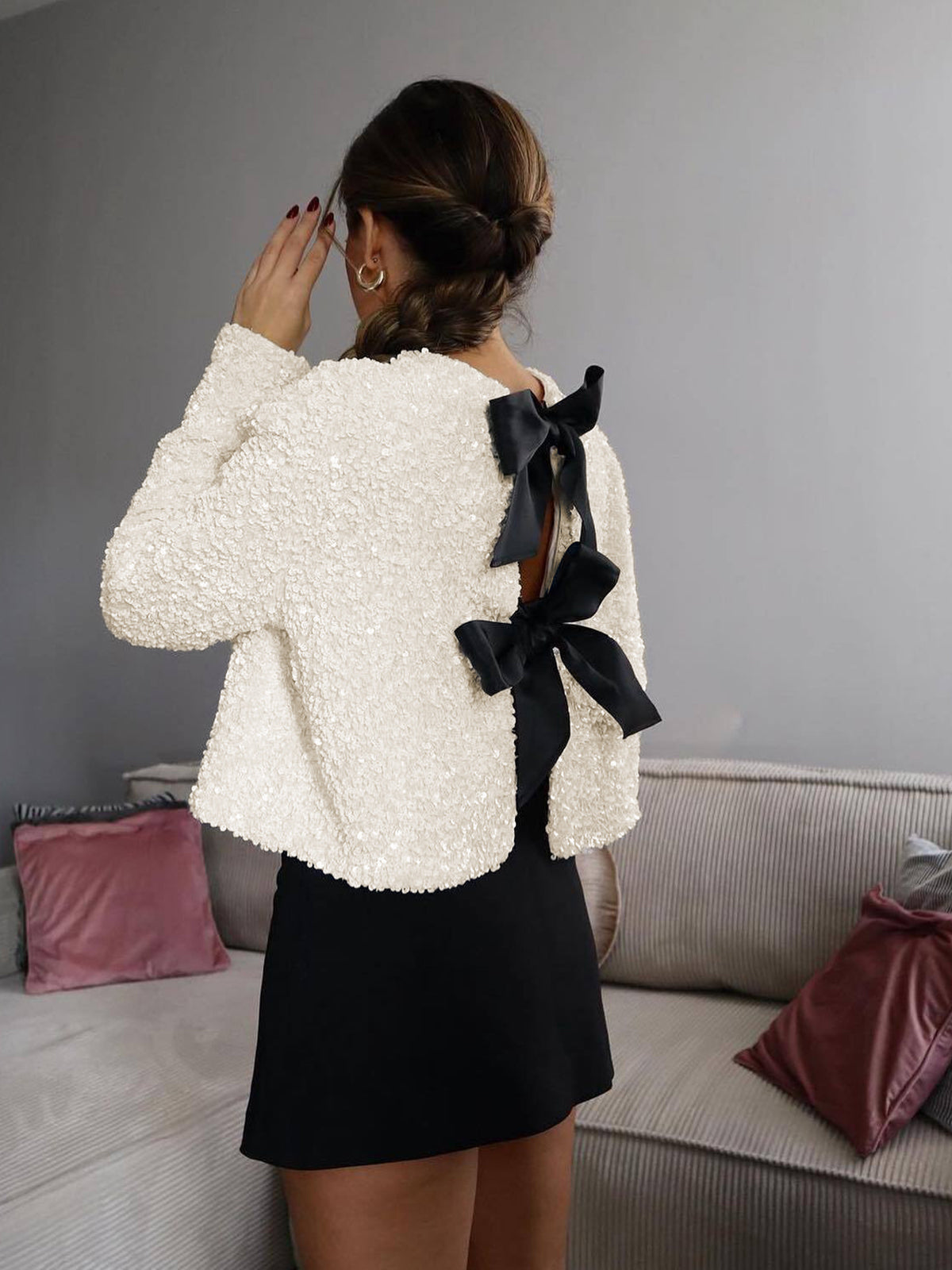 Textured Sequin Bow Front Long Sleeve Cropped Jacket 2