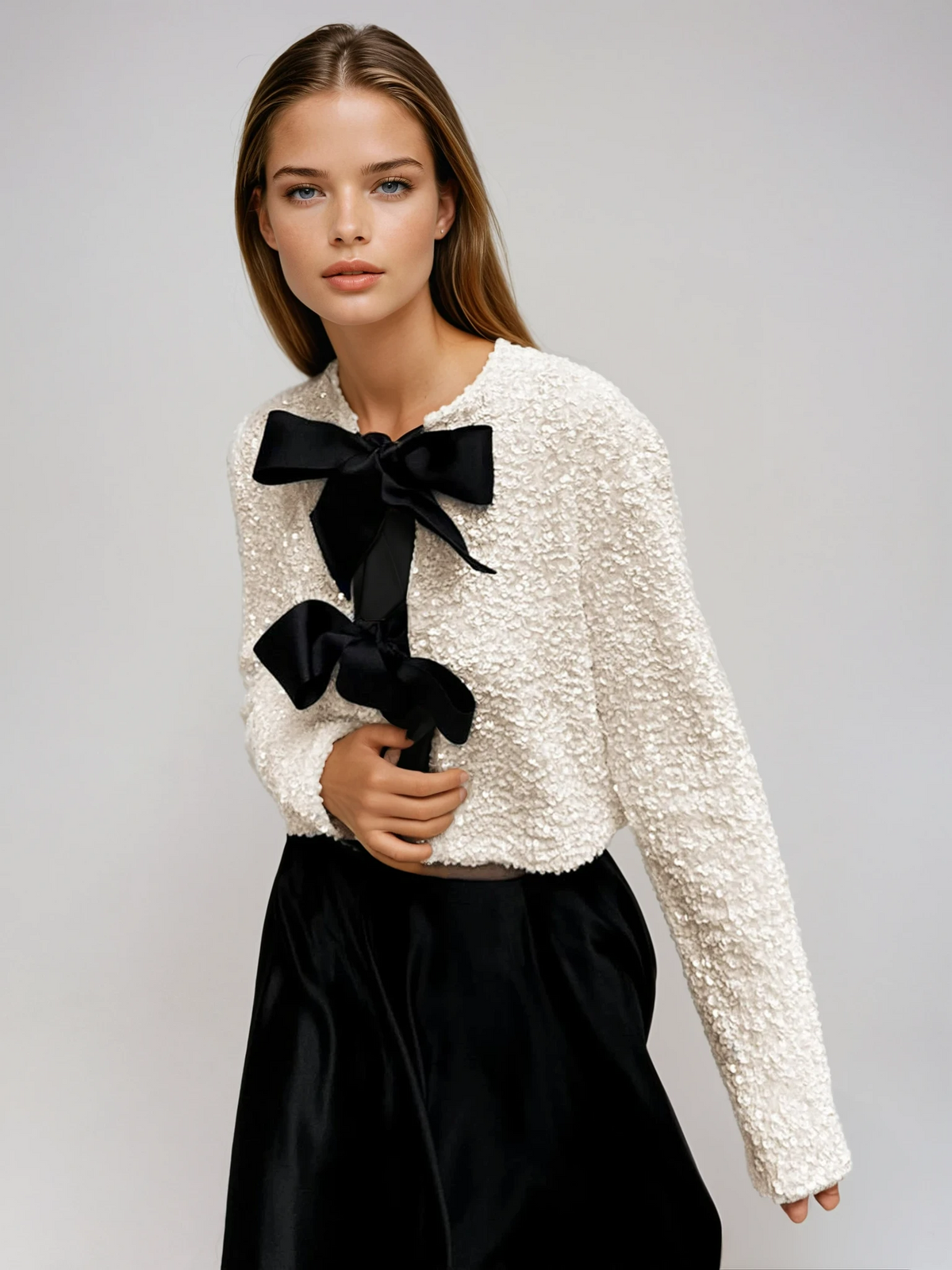 Textured Sequin Bow Front Long Sleeve Cropped Jacket