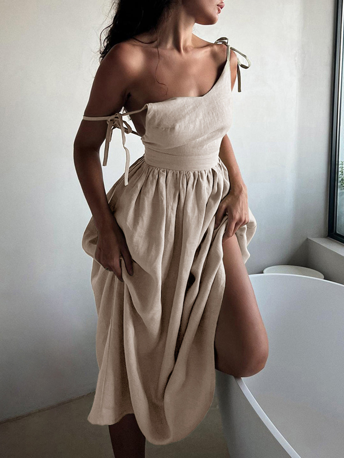 Backless Cotton Linen Lace Up Midi Dress - View 5