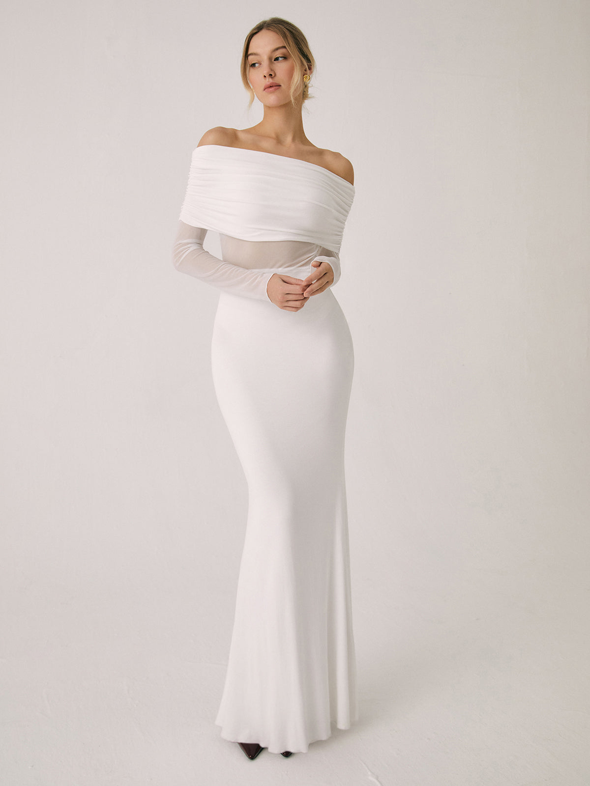 Overfold Off-Shoulder Mesh Long Sleeve Long Dress in Black - View 11