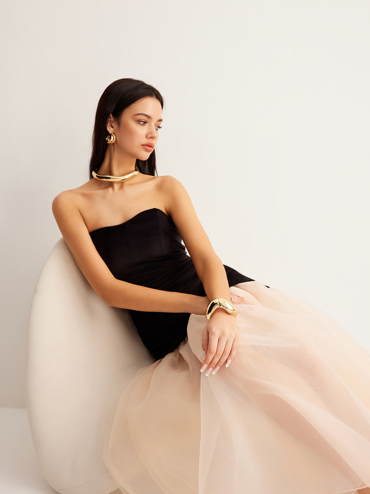 Strapless Corset Bodice Sheer Tiered Organza Skirt Maxi Gown - View 3