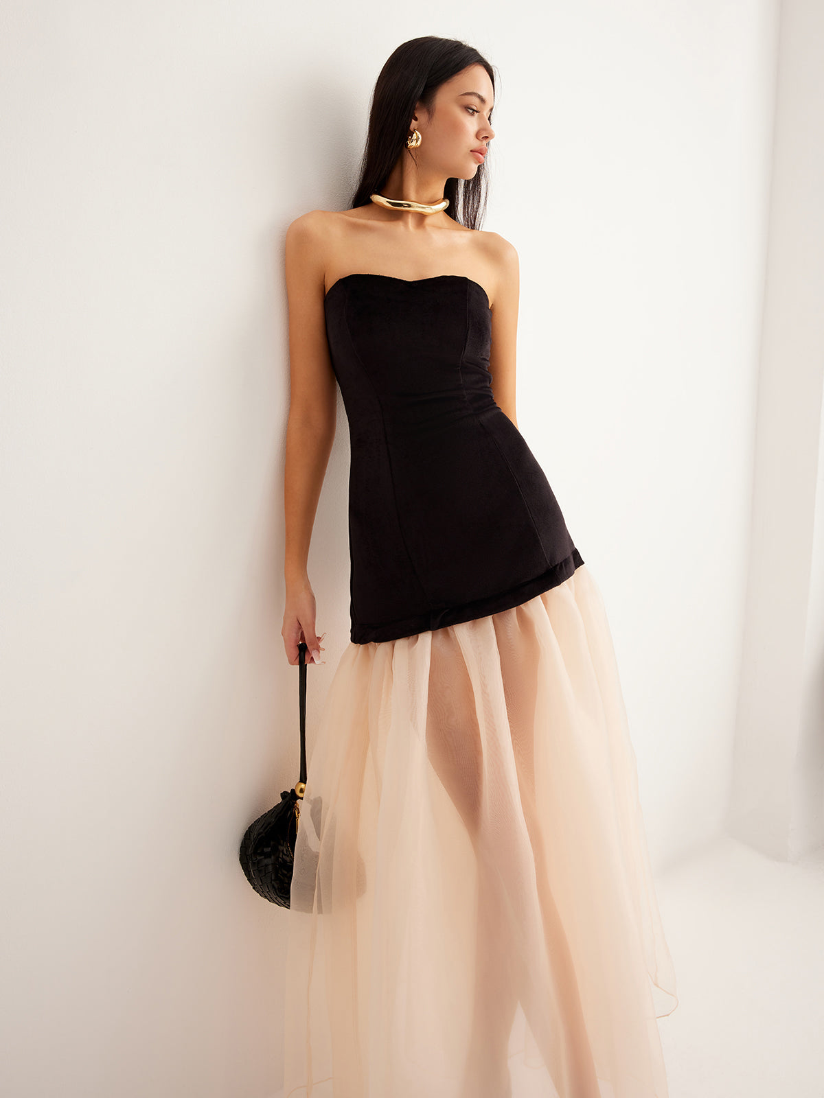Strapless Corset Bodice Sheer Tiered Organza Skirt Maxi Gown - View 2