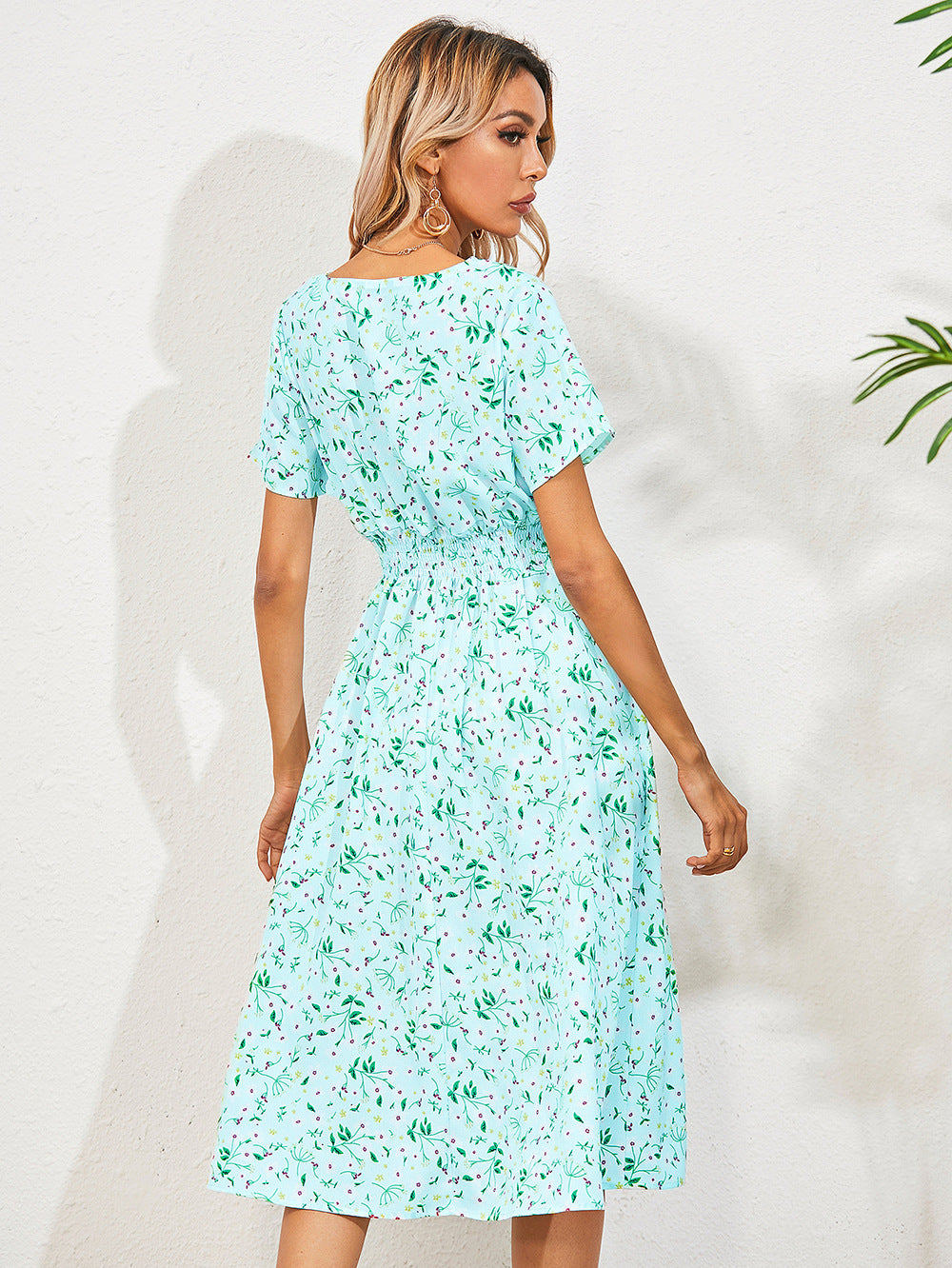 Wrap V-Neck Flutter Sleeve Smocked Waist A-Line Midi Summer Dress - View 2