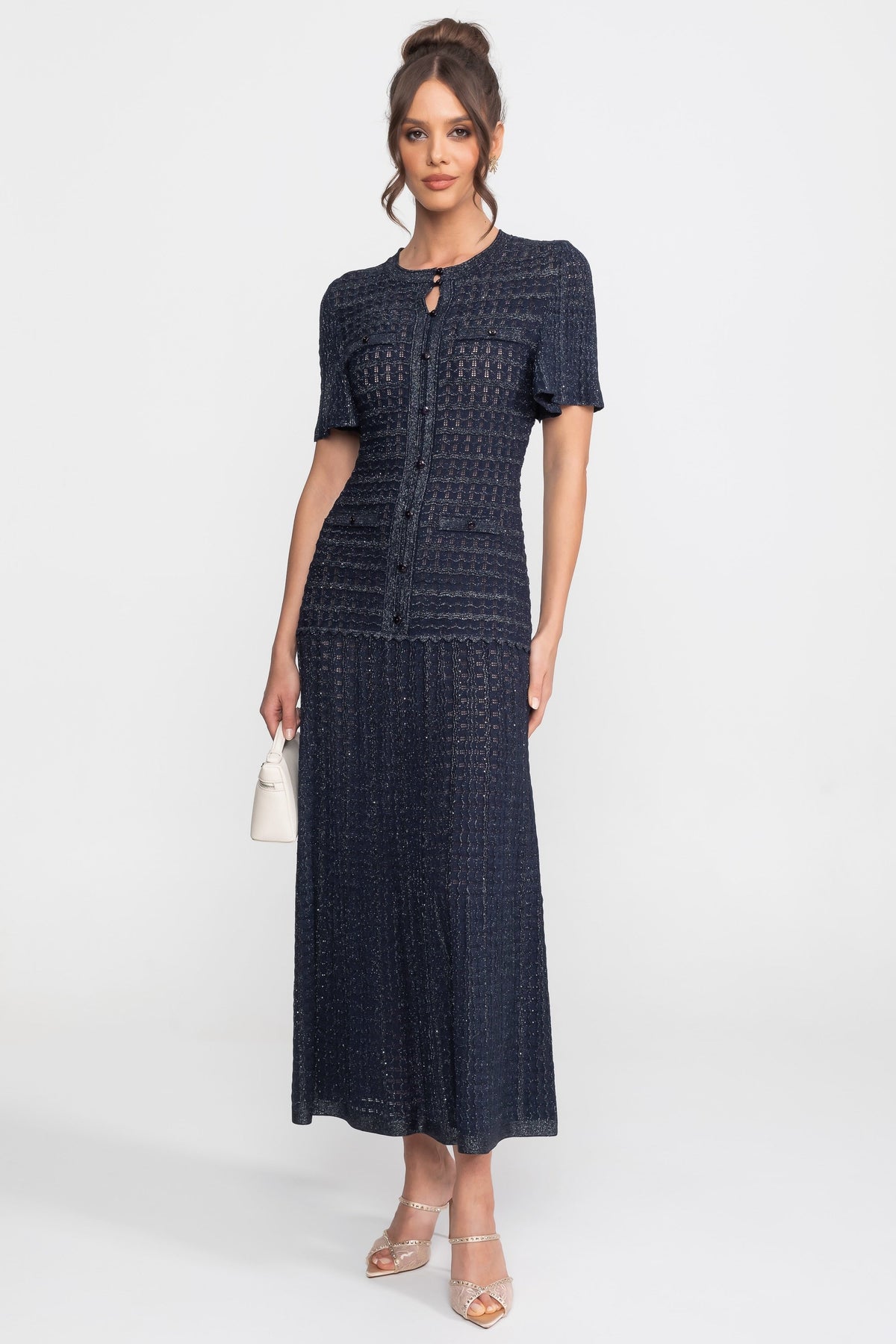 Short Sleeve Midi Dress With Shimmer Knit Texture - Navy - View 2