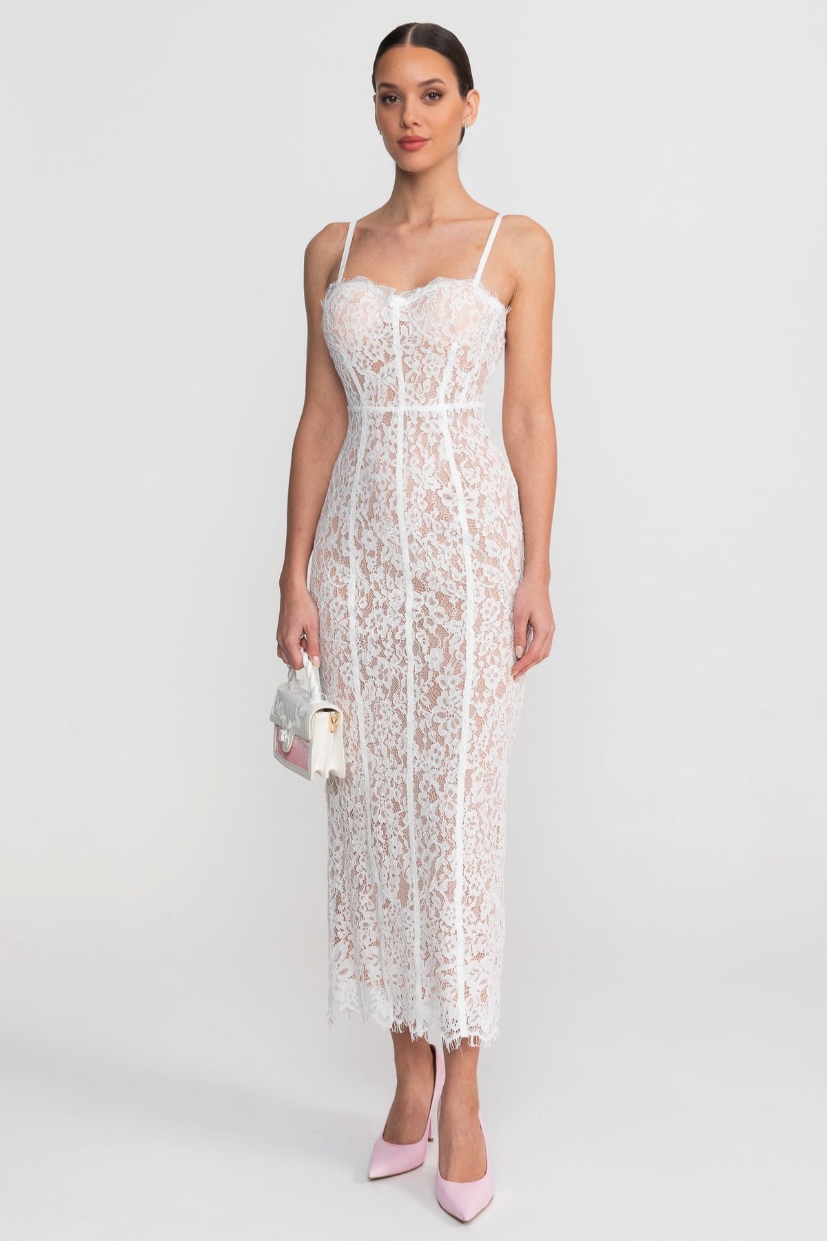 Lace Midi Dress With Sheer Corset Bodice - White - View 7
