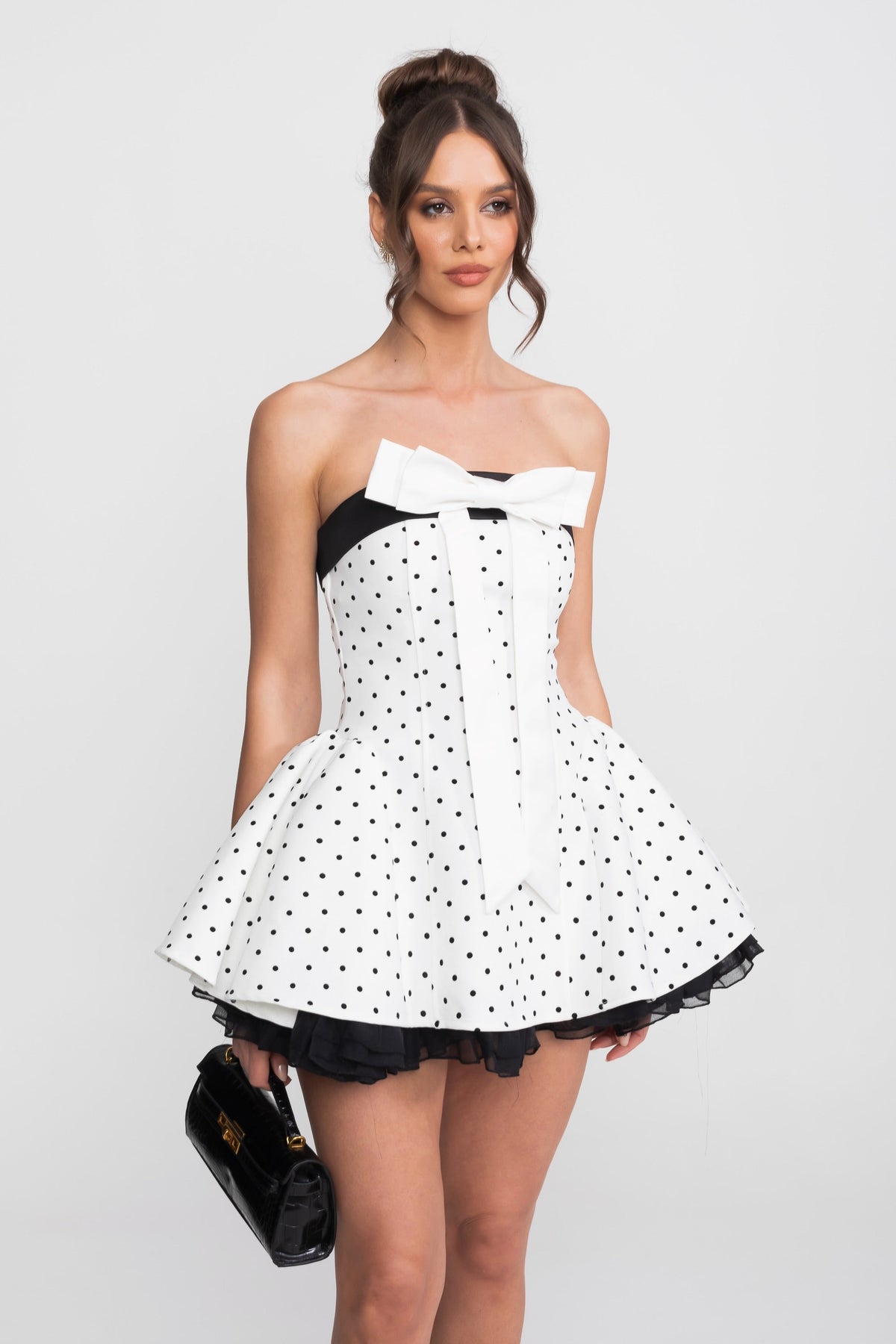 Strapless Velvet Mini Dress With Satin Bow And Ruffle Hem - White - View 2