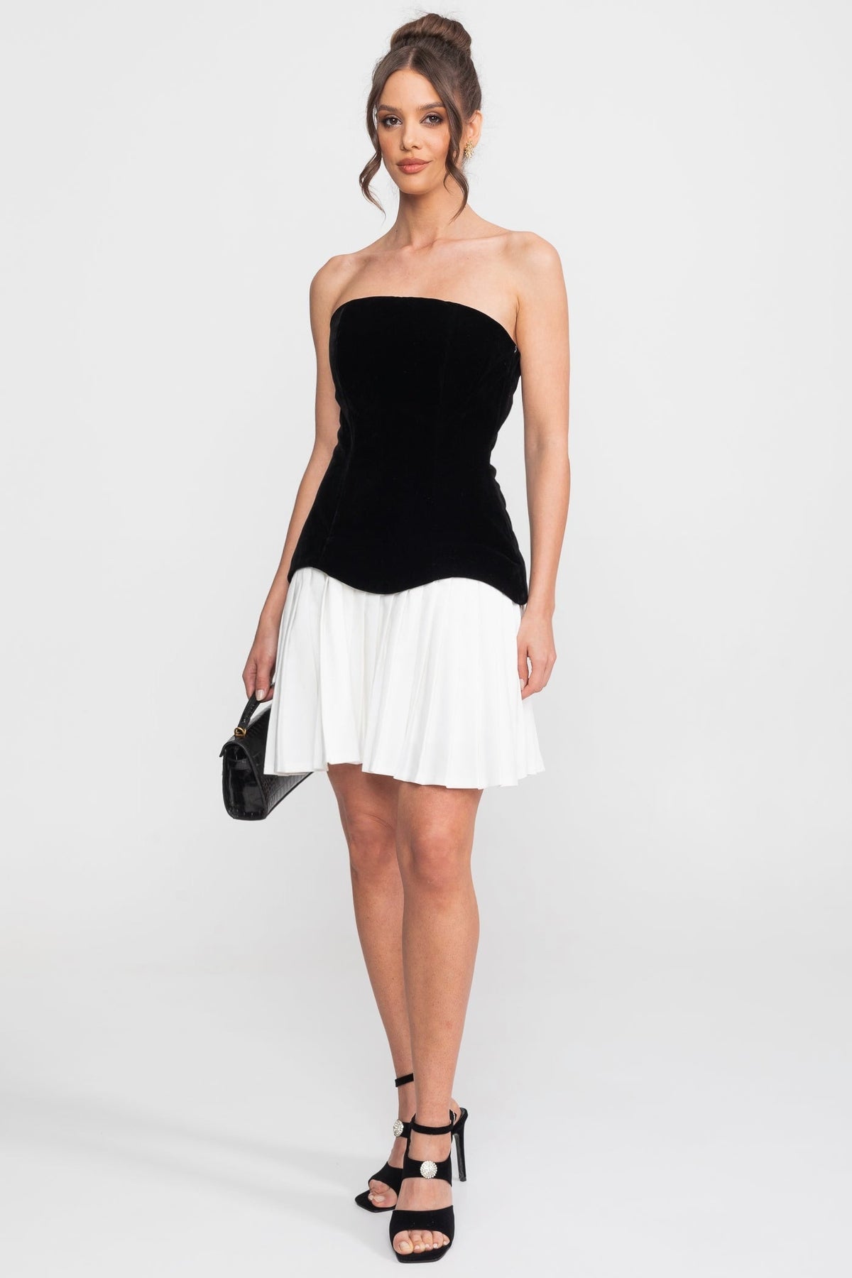 Strapless Velvet Mini Dress With Contrast Pleated Skirt - Black - View 2