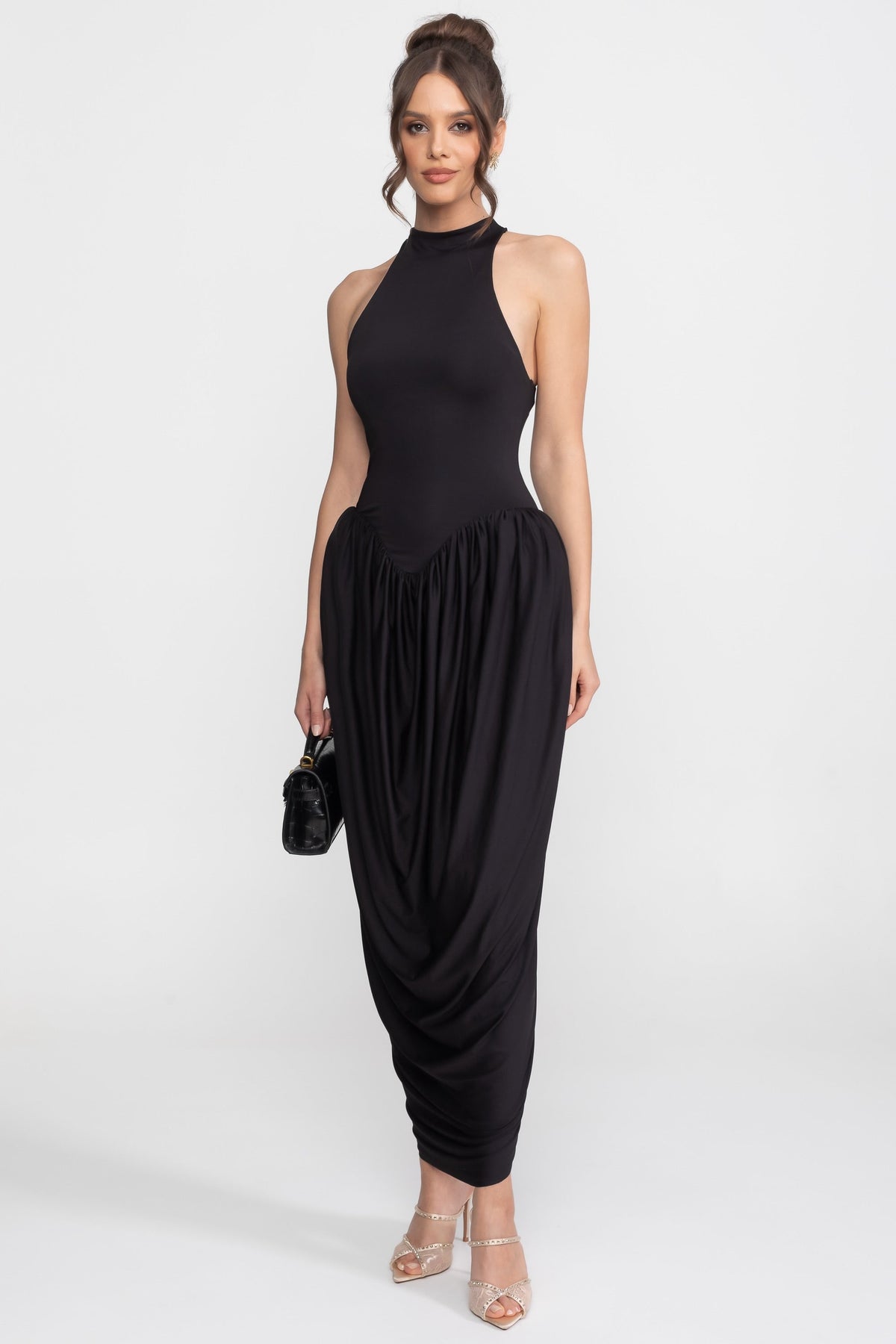 Halter-Neck Maxi Dress With Gathered Balloon Skirt - Black - View 2
