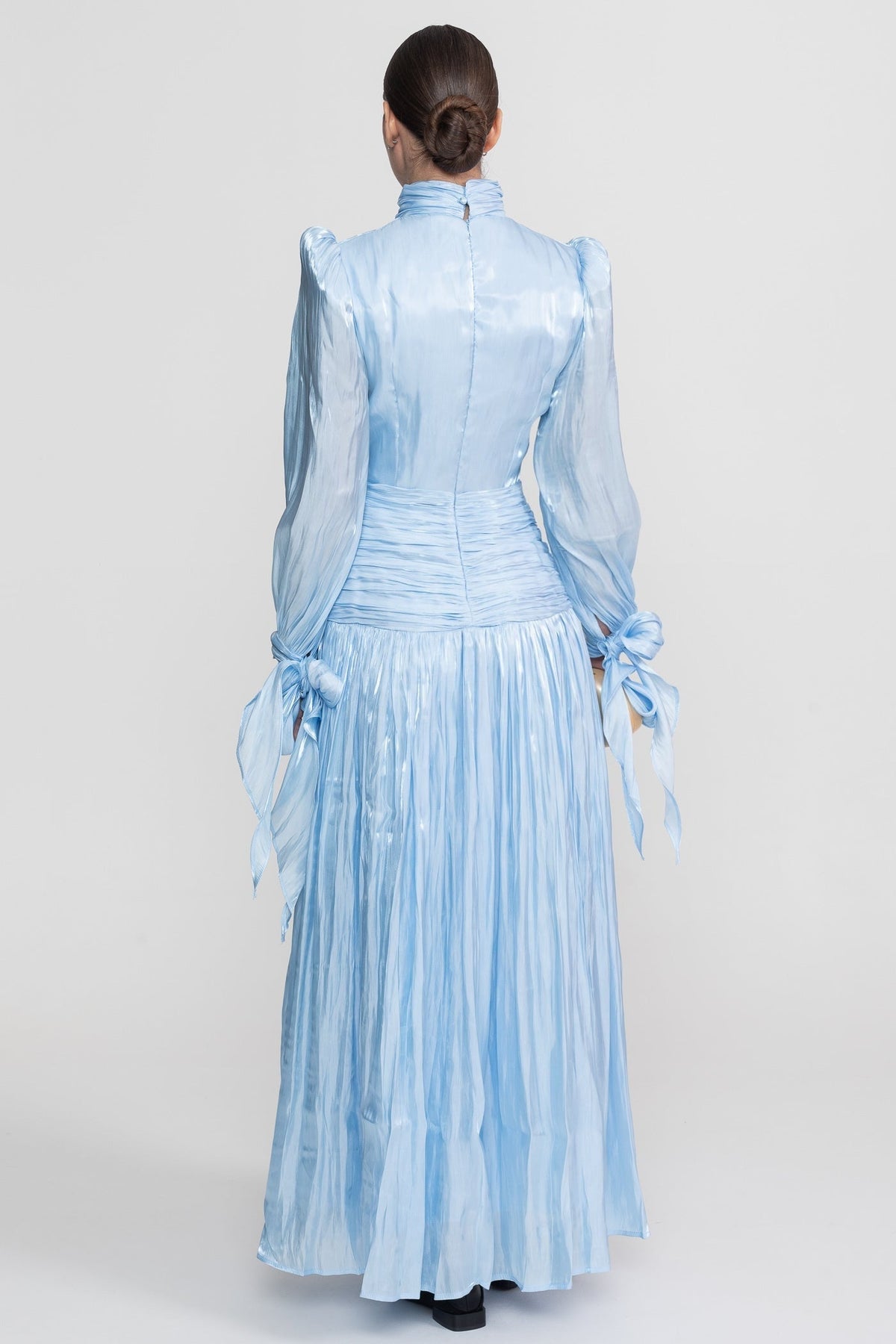 Ruched Long Sleeve Maxi Dress With Pleated Skirt - Sky Blue - View 7
