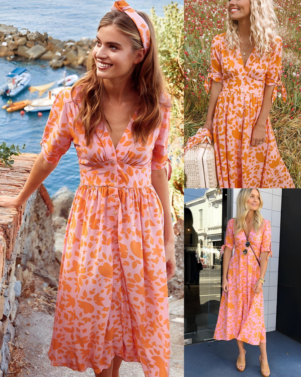 Deep V-Neck Button Front Tie Cuff Short Sleeve Midi Summer Dress - View 5