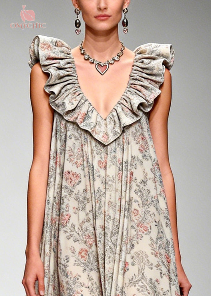 Beautiful Apricot Ruffled Print Chiffon Maxi Dresses Sleeveless - View 2