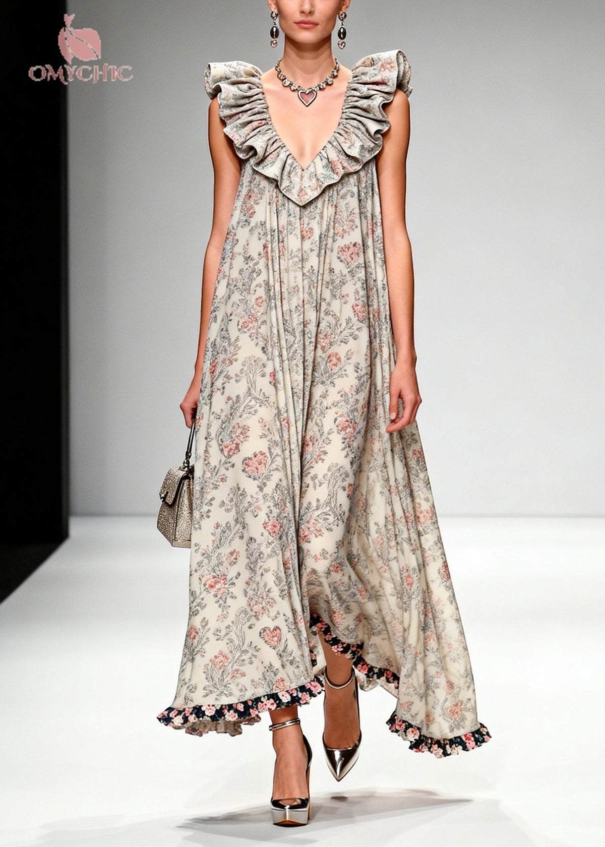 Beautiful Apricot Ruffled Print Chiffon Maxi Dresses Sleeveless - View 3