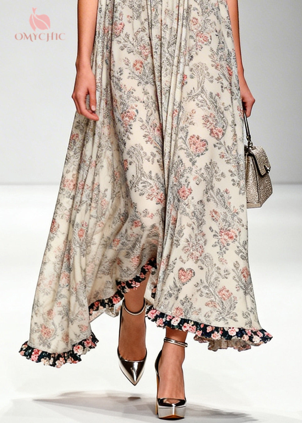 Beautiful Apricot Ruffled Print Chiffon Maxi Dresses Sleeveless - View 4