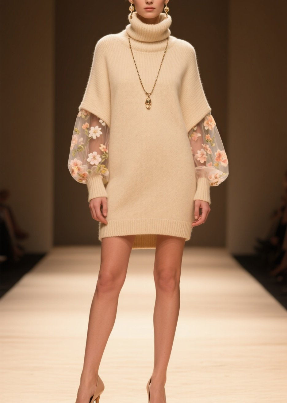 Turtleneck Knit Tulle Floral Embroidered Bishop Sleeve Mini Dress