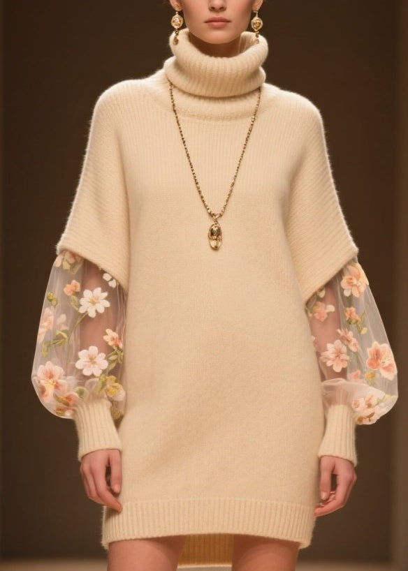 Turtleneck Knit Tulle Floral Embroidered Bishop Sleeve Mini Dress - View 2