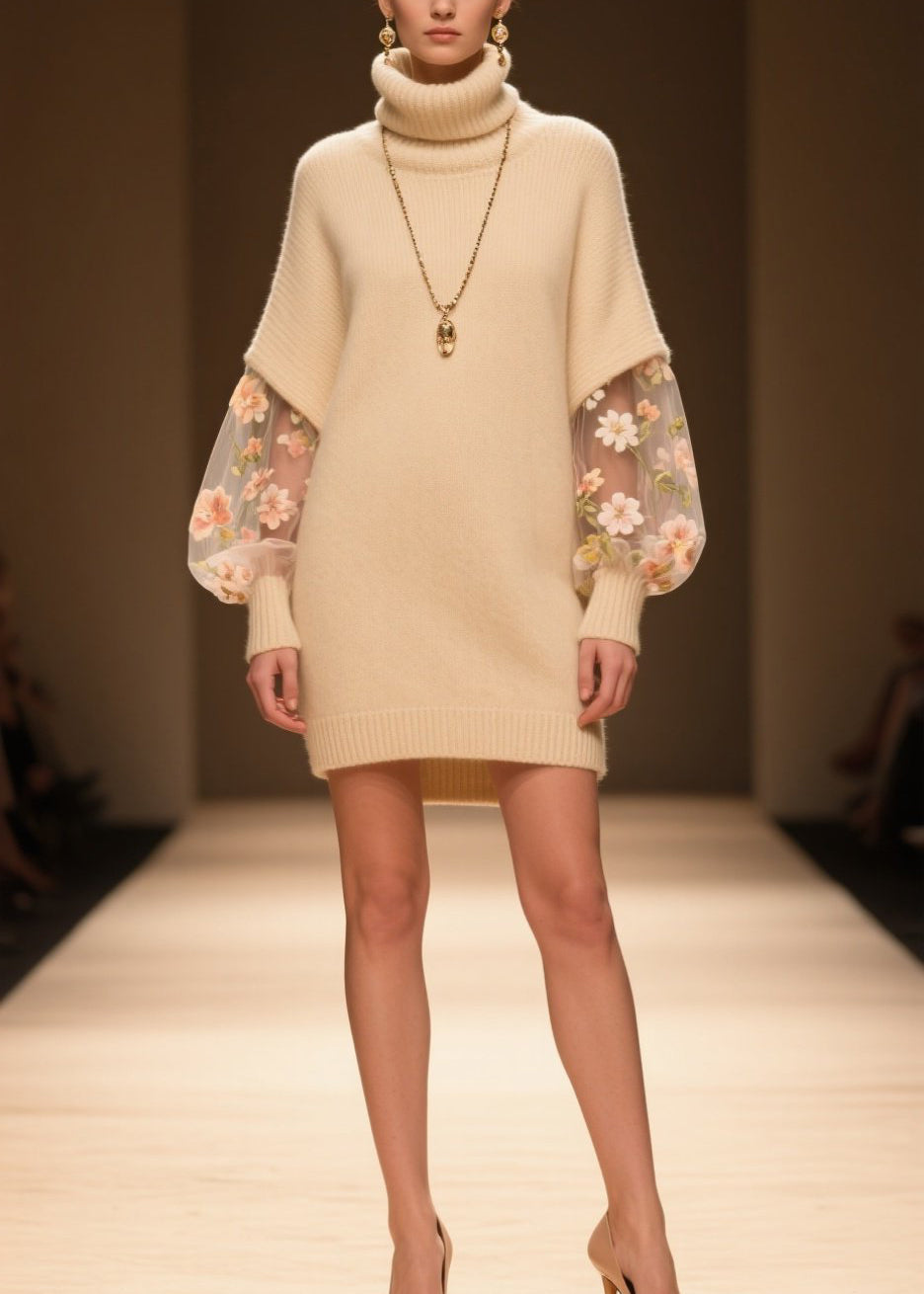 Turtleneck Knit Tulle Floral Embroidered Bishop Sleeve Mini Dress - View 3